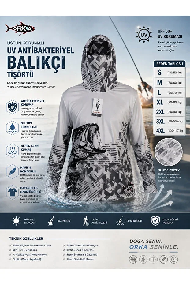 Orkw Hooded Long Sleeve Fisherman and Water Sports UV Protected Water Repellent T-shirt