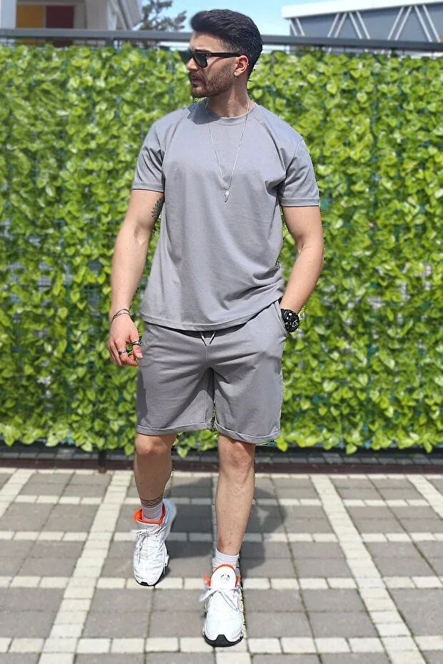 Men's Grey 2-Piece Set Relaxed Fit 100% Cotton Breathable Lycra Fabric Summer Tracksuit Set