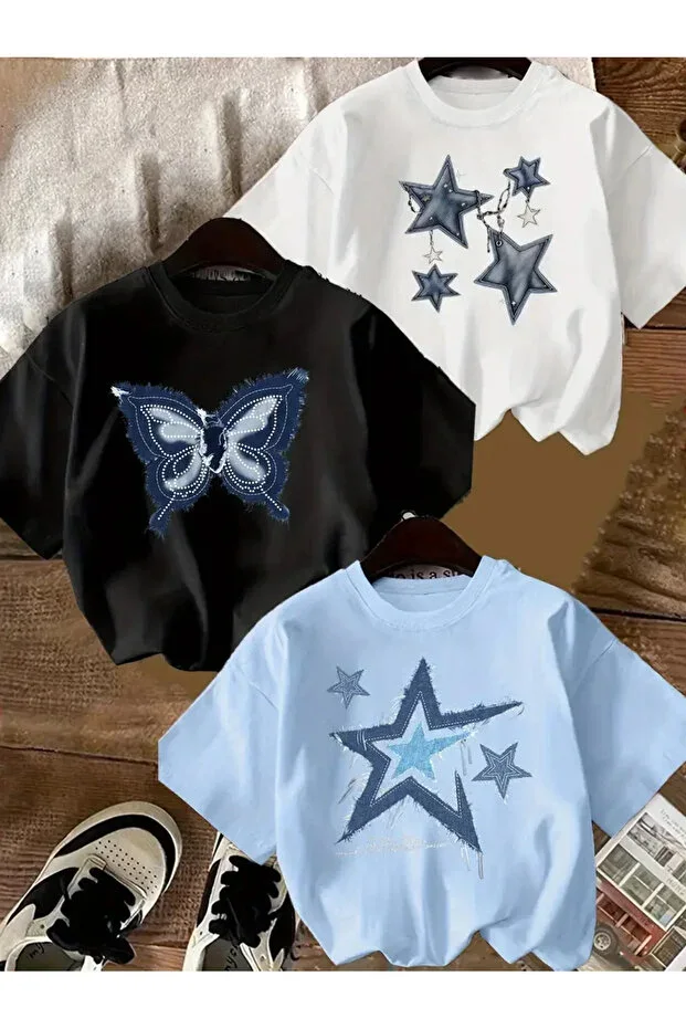 Girls 3-Pack Baby Blue-Black-White Star and Butterfly Print T-Shirt
