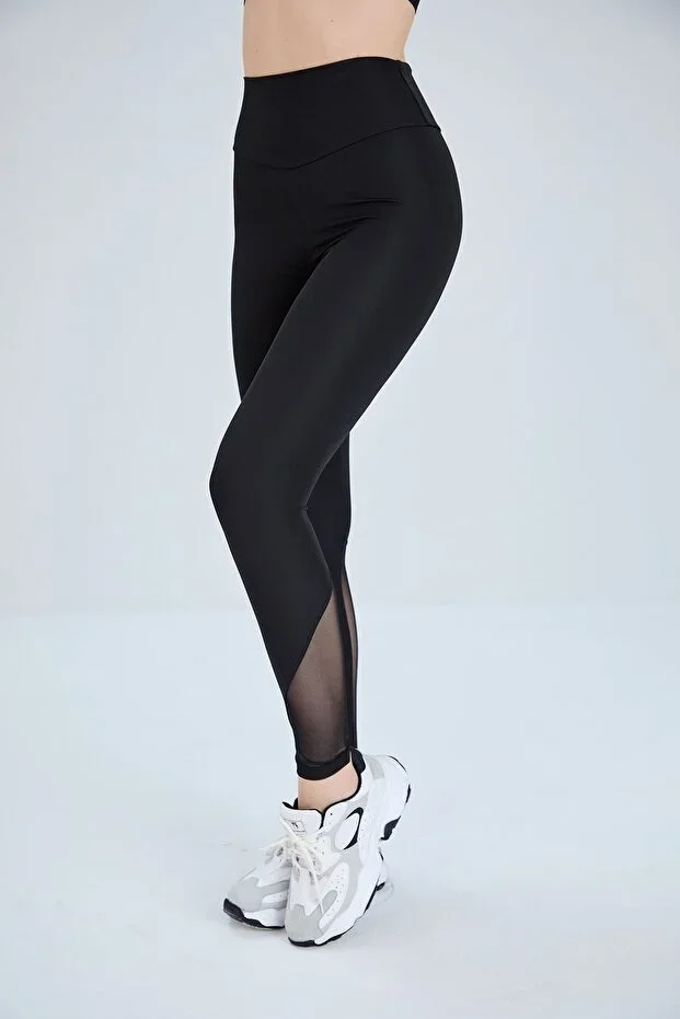 Black, Tulle Detailed Sports Leggings Slimming and Firming