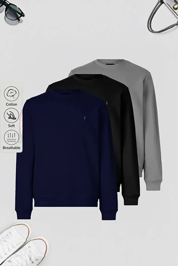 Men's Basic Crew Neck Loose 3-Pack Sweatshirt