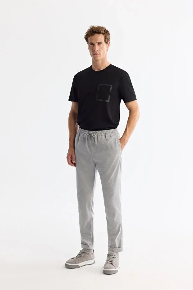 Men's Grey Elastic Waist Drawstring Double Hem Jogger Relaxed Fit Trousers E003000