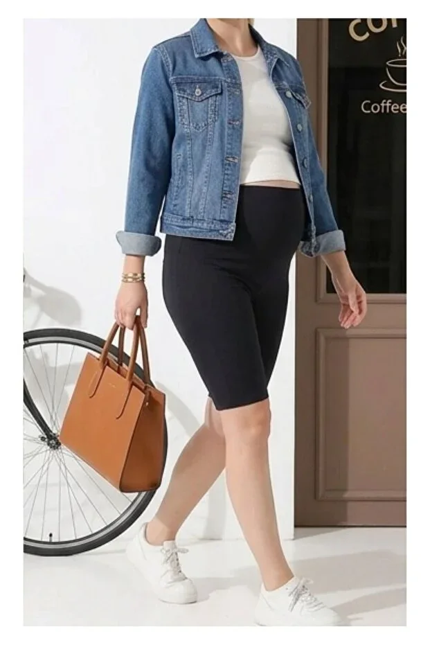 Women's Black Scuba Knee-Length Biker Tights High Waist Adjustable & Stretchy Maternity Tights