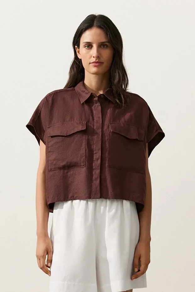 Oysho %100 Linen Shirt with Collar and Pockets