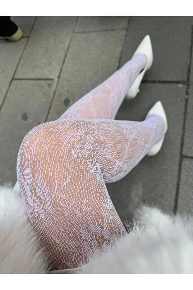 Women's White Imported Patterned Tights Flower Rose Patterned