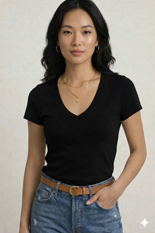 LAVİNİM Women's V-Neck Cotton Slim Fit Basic T-Shirt