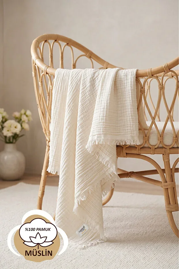 Double Layer Muslin Baby Quilt Newborn Blanket 85X95 cm Baby Quilt Stroller Cover Ecru