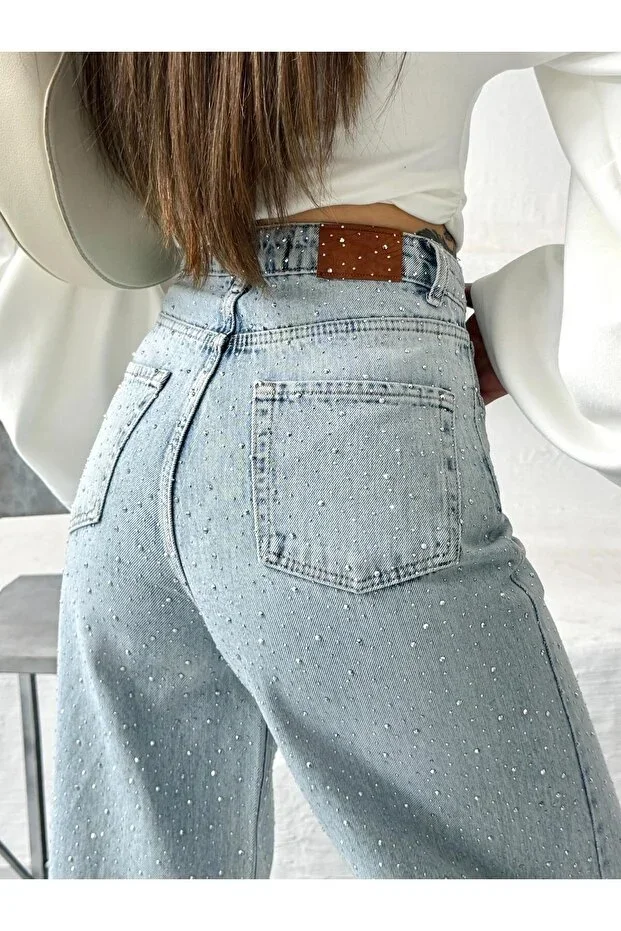 Vooz Women's Stone Embellished Baggy Jean High Waist Wide Leg Pants Light Blue Front Back Stone Embellished