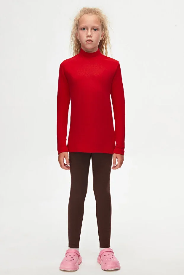 Red Basic Winter Half Turtleneck Long Sleeve Girl T-Shirt