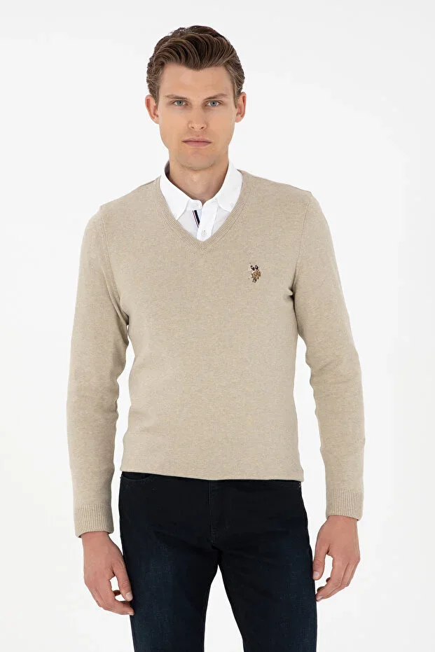 Men's Slim Fit V-Neck Khaki Basic Sweater 50293512-VR027
