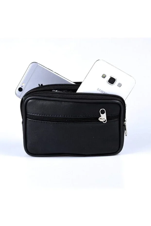 %100 Genuine Leather 3 Zipper Small Belt Bag 10 Cm Height 17 Cm Width