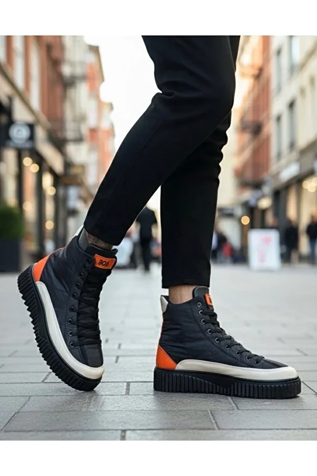 BA0811 High Black Sole Parachute Fabric Orange Leather Detail Half Ankle Sports Boot