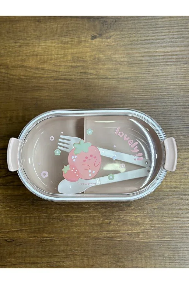 Pudra Oval Transparent Lid Strawberry Patterned Children's Food Lunch Box Container