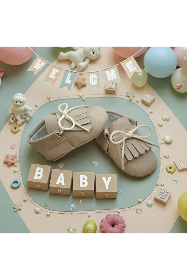Baby moccasins with hidden laces at the ankle and adjustable