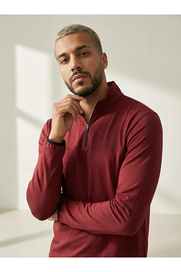 SCUBA HALF ZIP SWEAT | WINE BORDEAUX (Slim Fit Half Zip Scuba Sweatshirt)