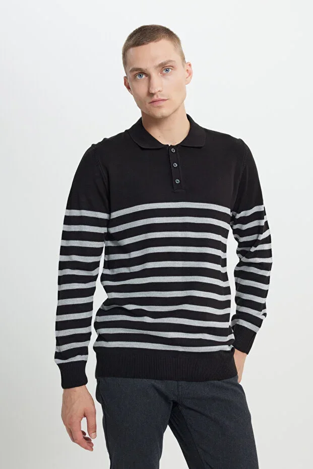 Men's Black-Anthracite Standard Fit Regular Cut Polo Neck Striped Knitwear Sweater