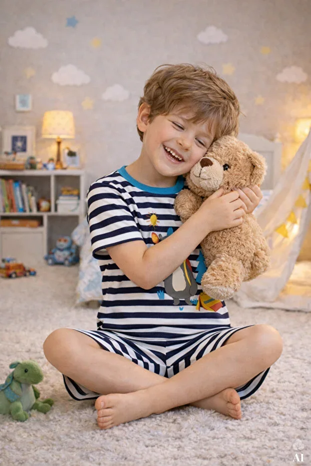 Boys Cotton Striped Printed Short Sleeve Pajama Set
