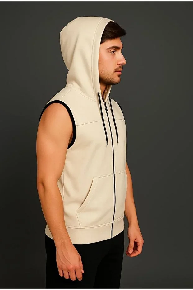 Men's Cream Zippered Hooded Kangaroo Pocket Sleeveless Interlock Vest - Y1142
