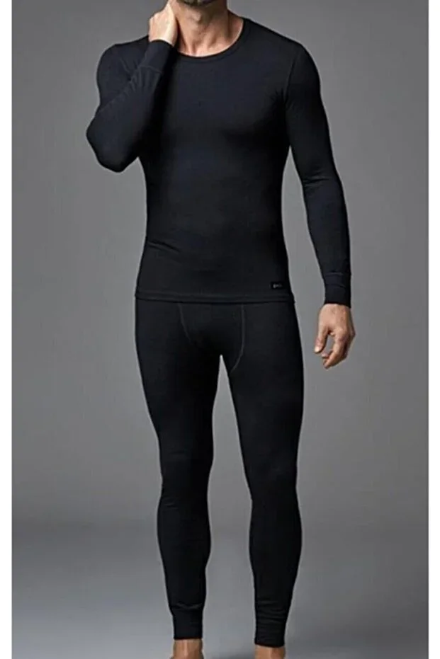 Black Long Sleeve Top Bottom Men's Thermal Underwear Set