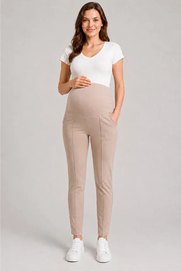 390 Beige Modal Adjustable High Waist Maternity Pants