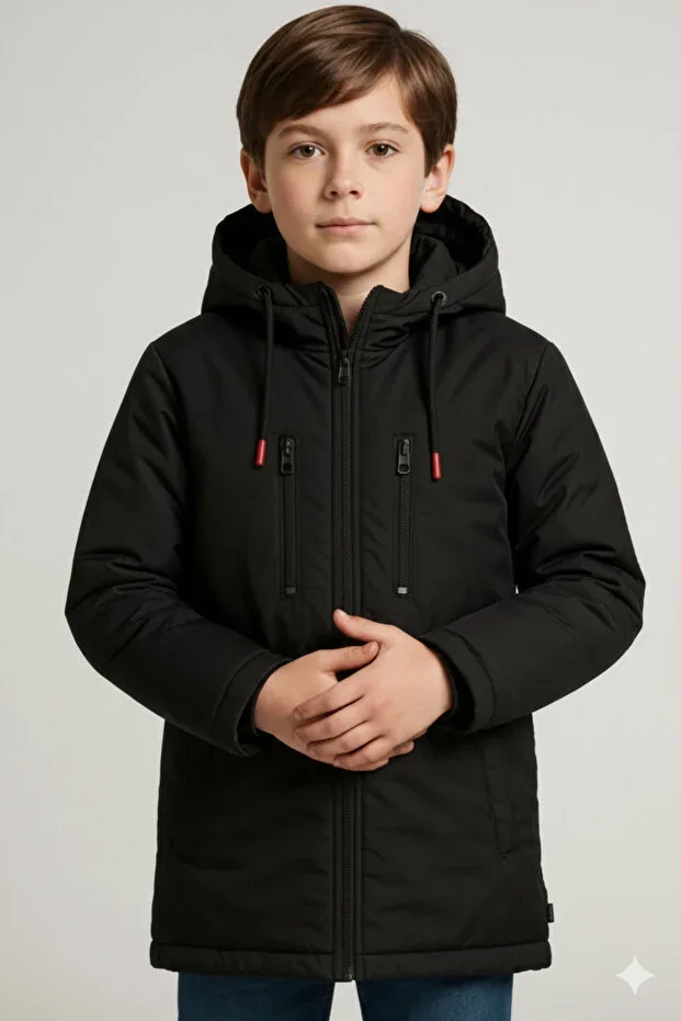 Boys Windproof Fleece Lined Double Pocket Hooded Winter Jacket