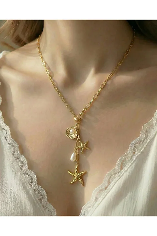 Gold Plated Sea Symbol Charm Oval Paperclip Chain Y Necklace