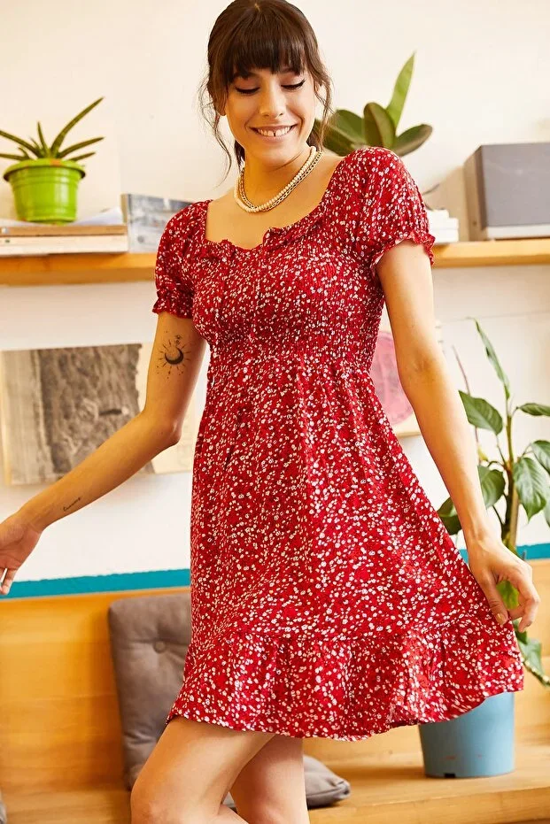 Women's Red Bow-Tie Collar Flared Dress ELB-19001190
