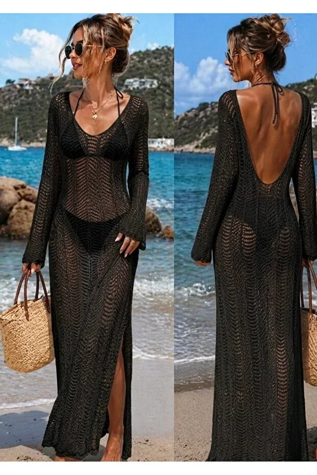Santorini Slit Long Sleeve Crochet Maxi Beach Dress Pareo