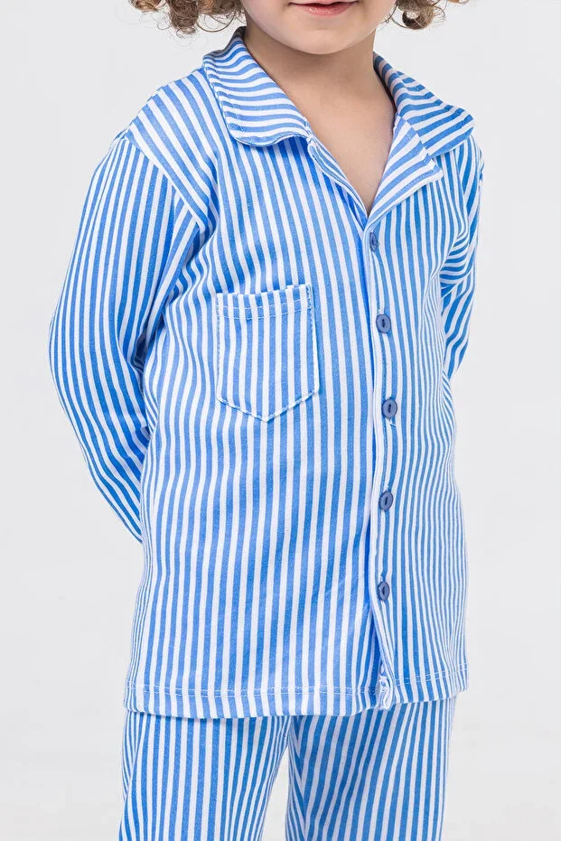 High Quality Comfortable Blue Striped Buttoned Baby Boys Pajama Set