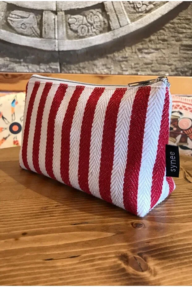 RED Canvas Striped Makeup Bag Braided