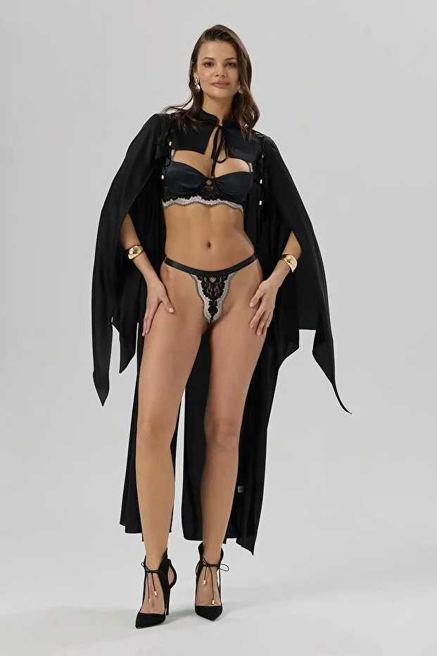 Sensure Black Satin Tulle Detailed Long Satin Robe / Kimono