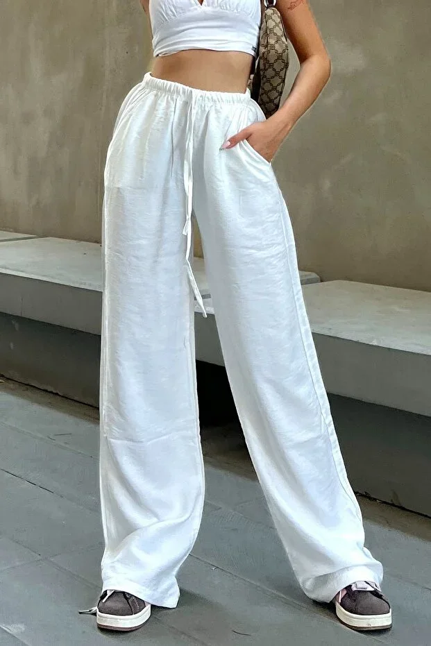 la & vetta White Linen Blend Loose Fit Trousers