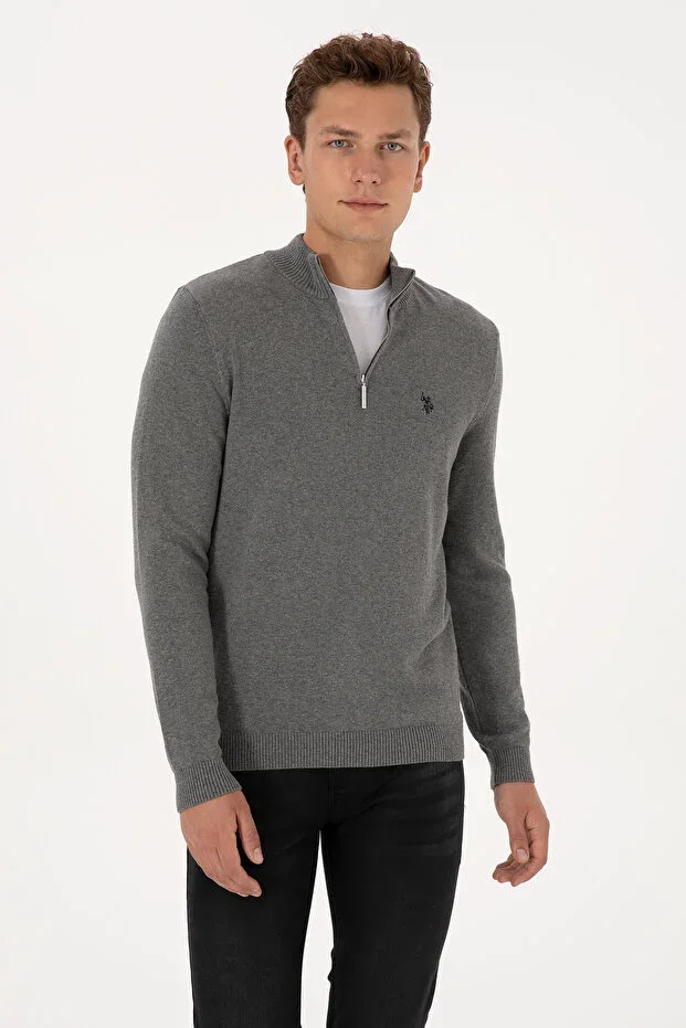 Men's Slim Fit Half-Zip Grey Melange Basic Sweater 50313695-VR109