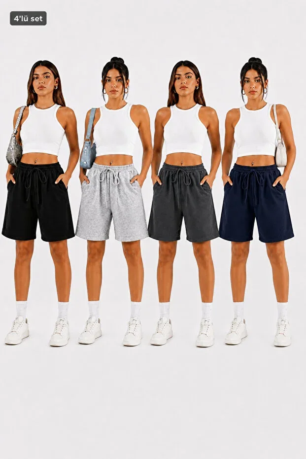 NAKRUF Women's 4-Piece Shorts Set Black Grey Charcoal Navy Comfortable Fit Daily Basic Shorts