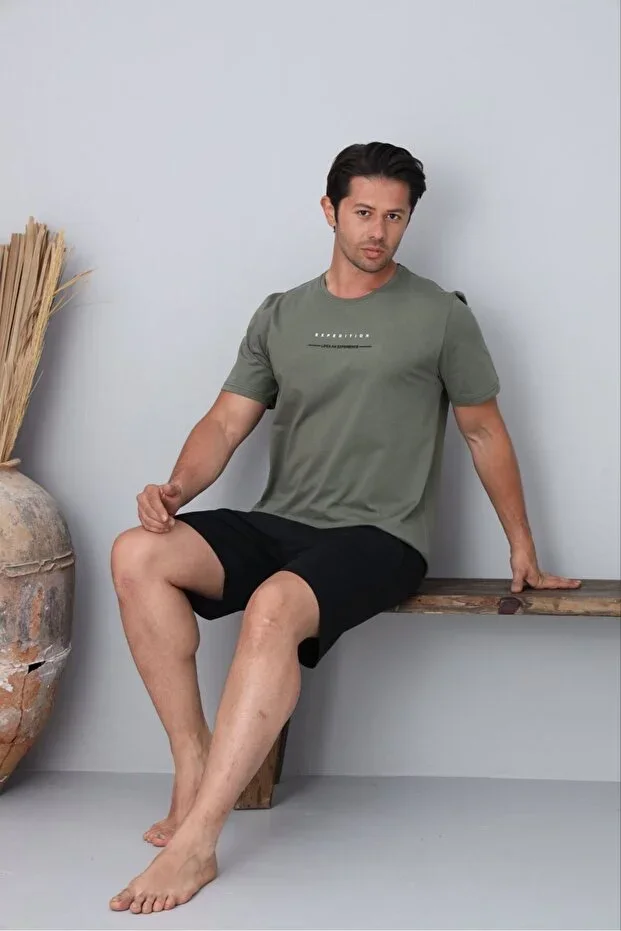 Men's 100% Organic Cotton Khaki Short Sleeve Shorts Pajama Set