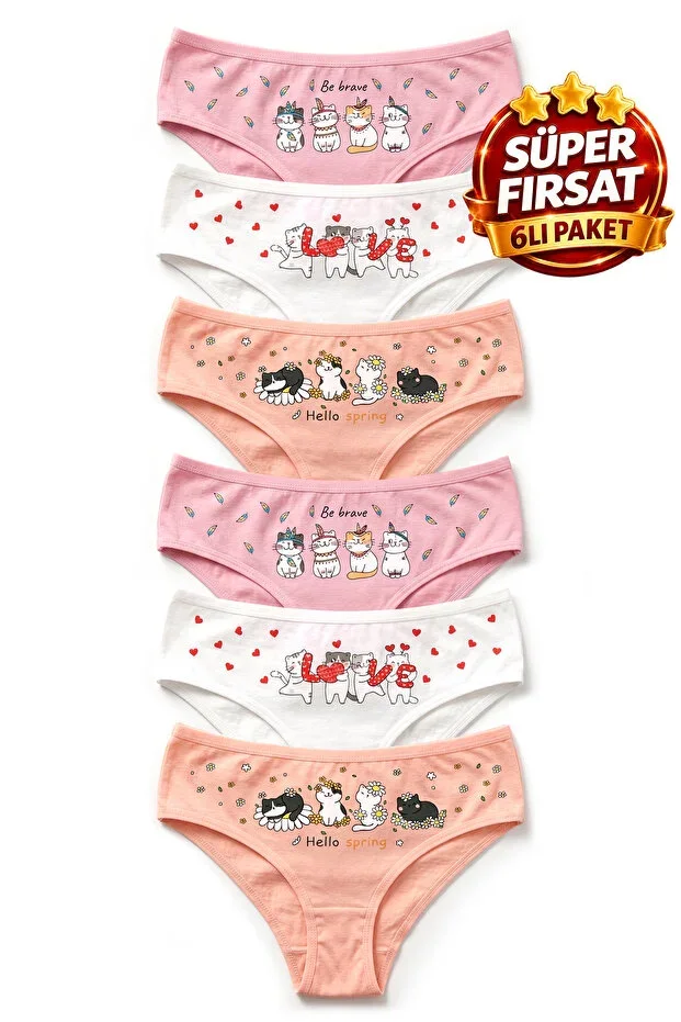 Girls' 6-Pack Cotton Lycra Colorful Printed Panty Slip Body-Hugging Stretchy Fabric - 8260-3