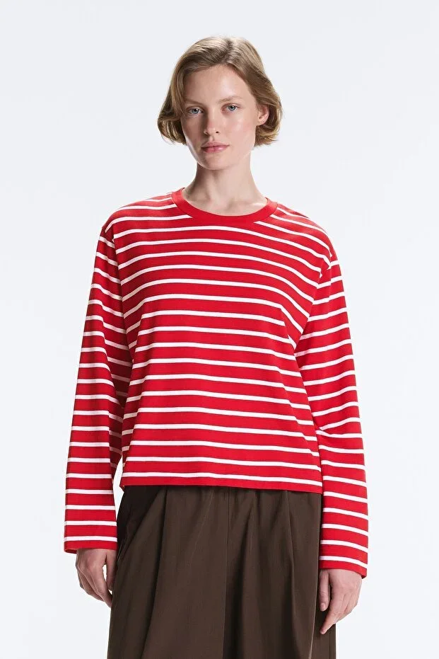 Oysho Striped, long-sleeved, cotton blend boxy t-shirt