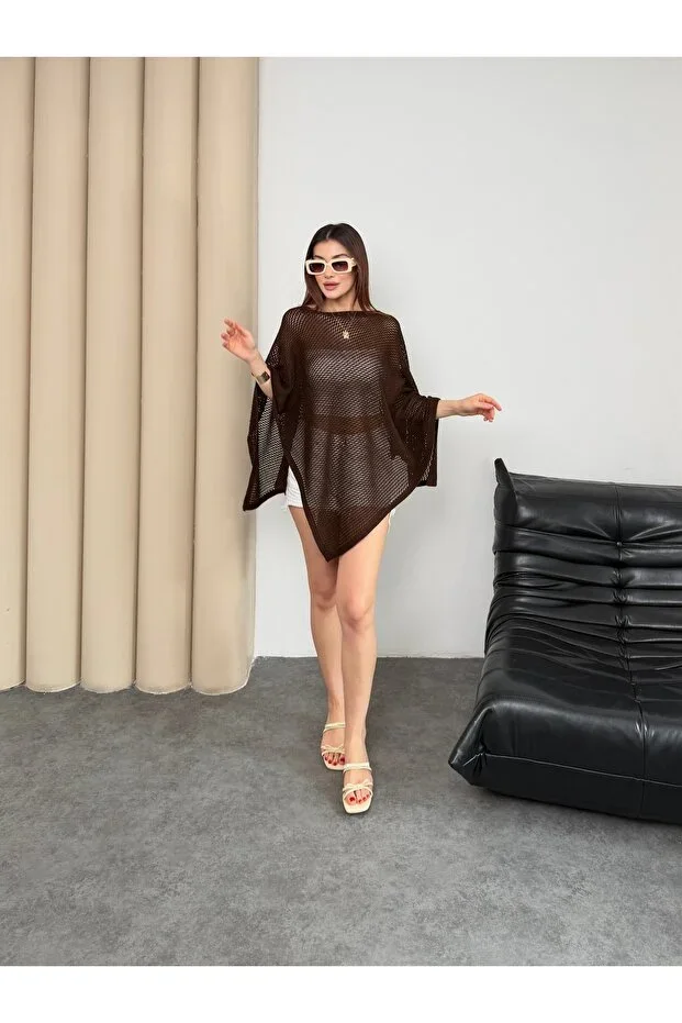 Women's Mesh Knit Poncho Blouse Loose Oversize Batwing Sleeve Summer Knit Blouse