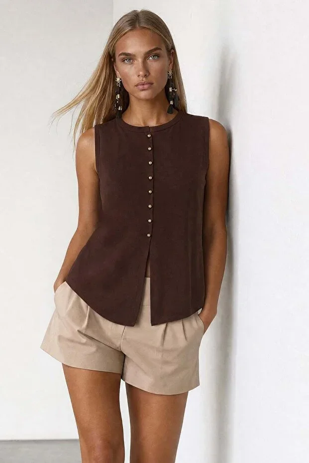 Coffee Crew Neck Viscose Gold Button Blouse Alc-X15553
