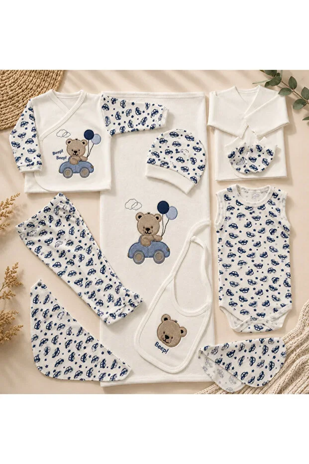 Baby Boy Hospital Exit 10-Piece Set Bear Embroidery with Car