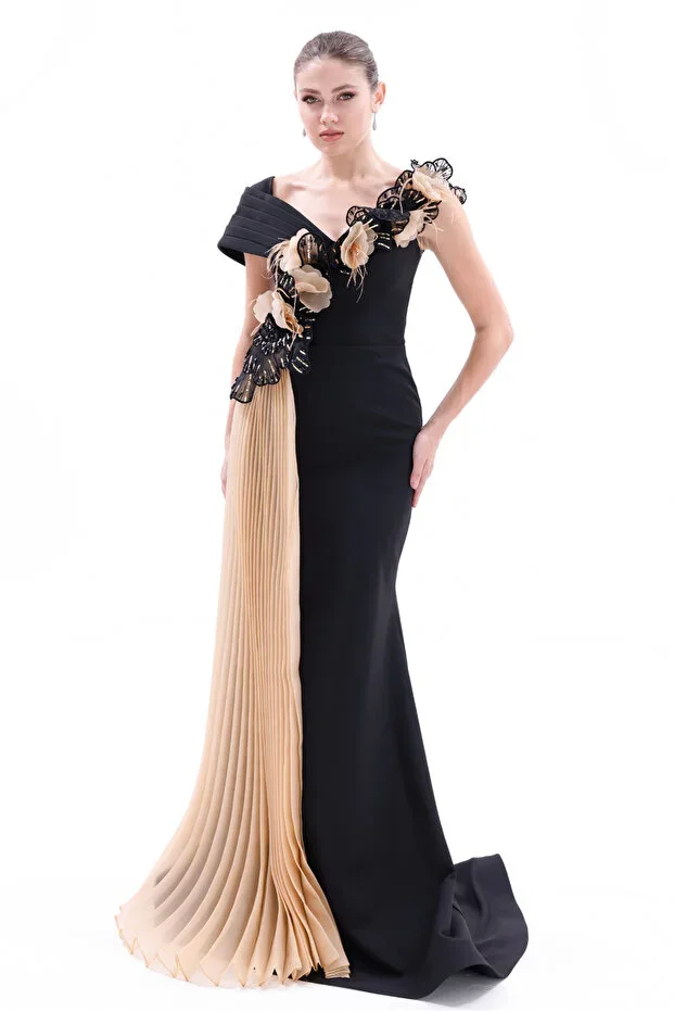 BDM Exclusive Flower Appliqué Draped Asymmetric Long Crepe Evening Dress