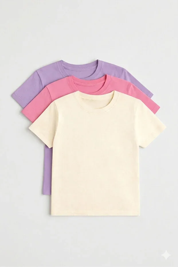 % 100 Cotton Kids 3-Pack T-shirt Crew Neck Trend Basic Daily T-shirt Bodysuit Organic Cream Lilac Pink