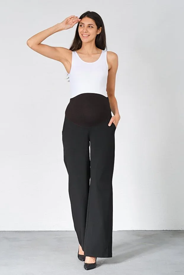 BUSA Pregnant Elastic Belly Band Adjustable Waist Wide Leg Gabardine Pants BLACK