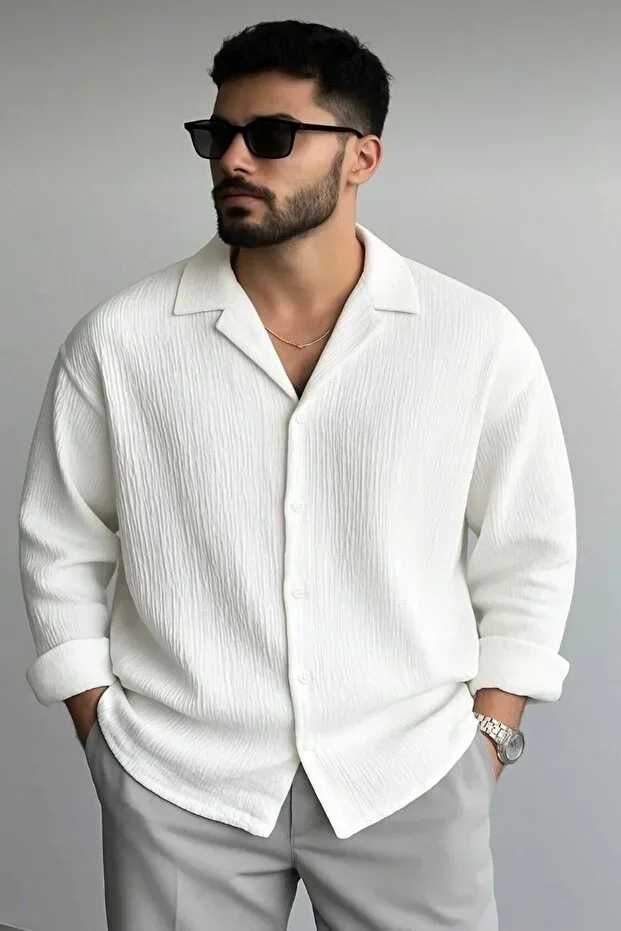 Men's Non-Iron Oversize Broken White Bürümcük Shirt WHITE