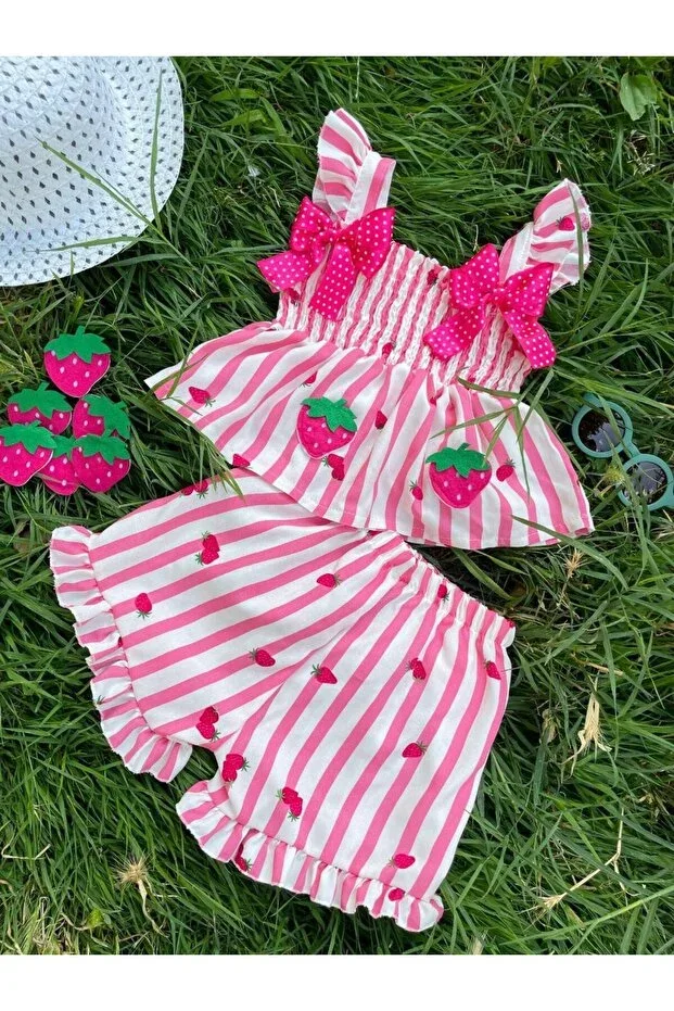 Strawberry Bow Shorts 2-Piece Summer Set for 1-5 Year Old Girls Baby