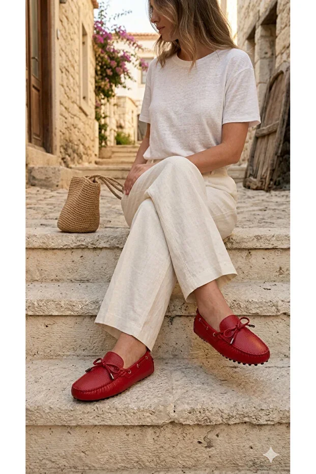 Women's Loafer Shoes Genuine Leather Red Leather