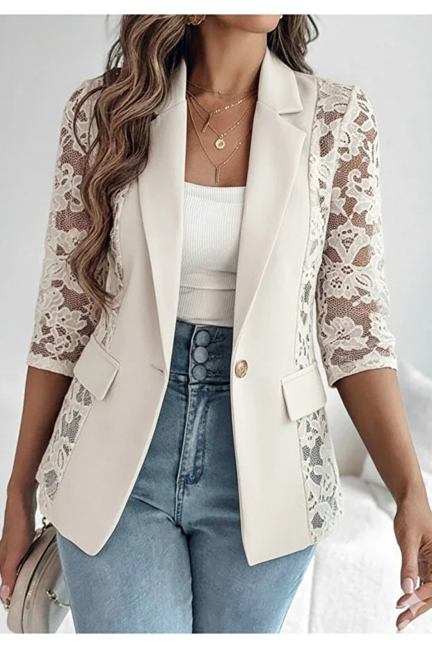 Atlas Fabric Lace Detailed Batwing Sleeve Blazer Jacket