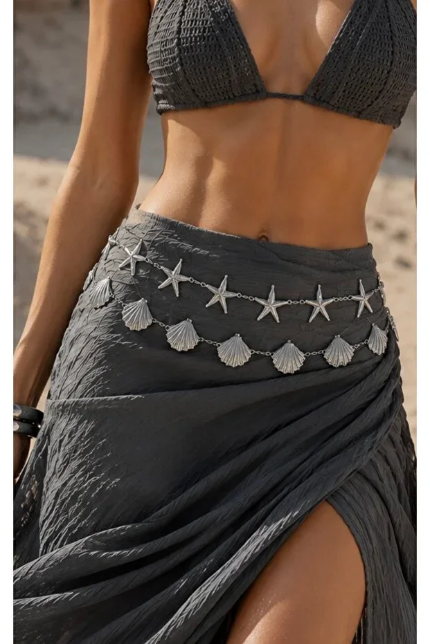 Women's Silver Shell and Star Figurine Waist Chain Belt - Stylish Accessory Compatible with Dresses, Pants, and Skirts, 2 Pieces
