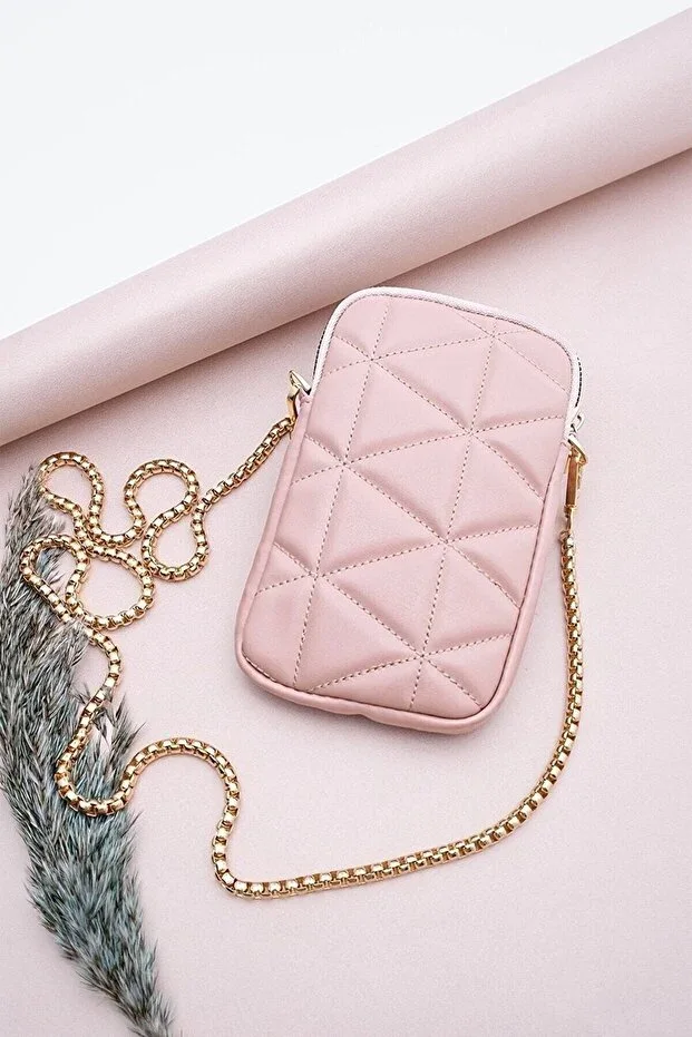 Quilted Phone Wallet Bag with Cross Chain Strap