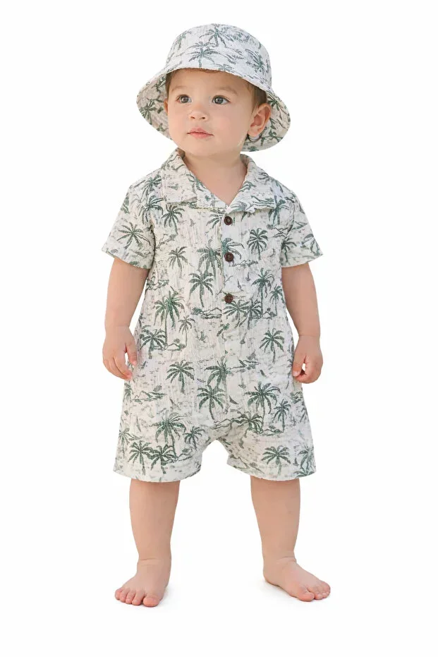 Baby Boys Palm Print Romper with Hat Short Sleeve Summer Romper